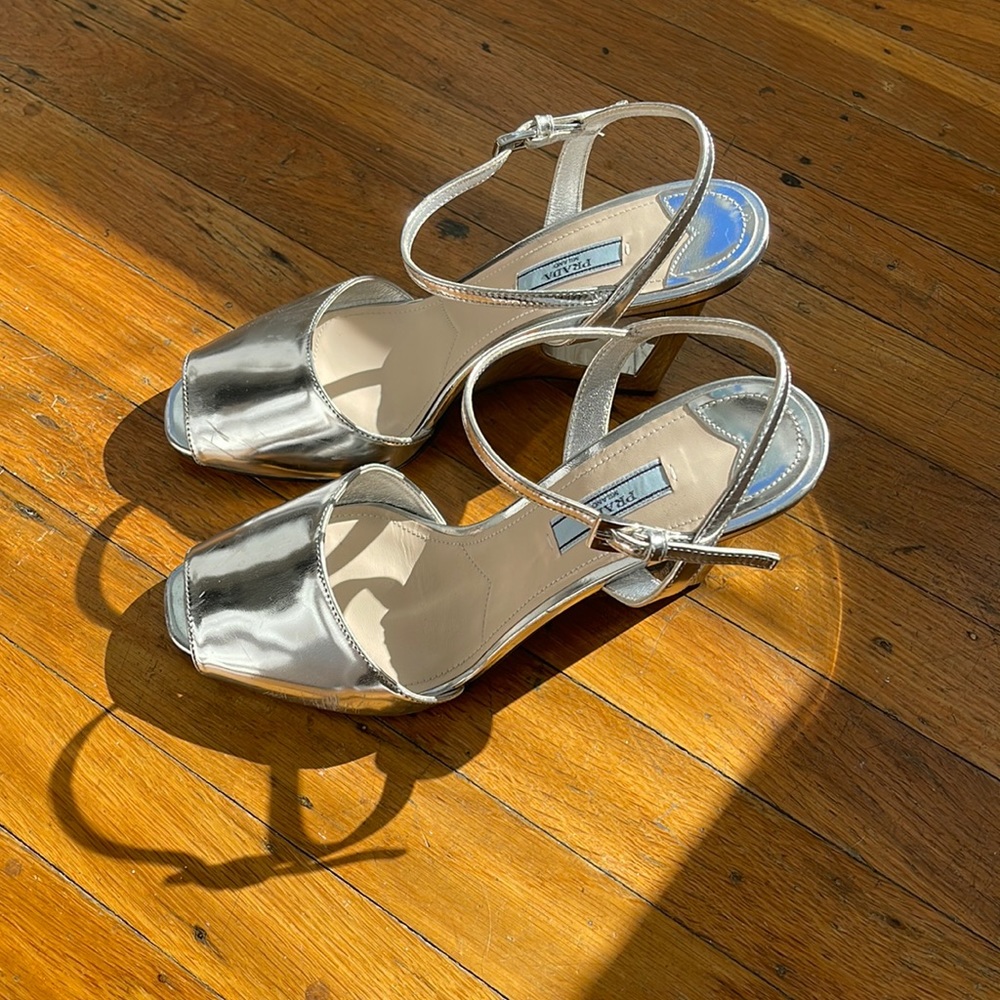 Prada Silver Heart Cutout Sandal Heels EU 39.5
